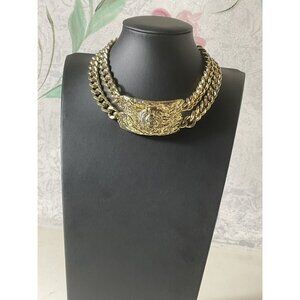 Gold Tone Metal Chain Choker Necklace With Lion Head Medallion Pendant